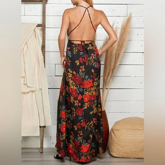 Sweet Lemon Floral Print Halter Neck Maxi Dress size medium - Picture 2 of 8